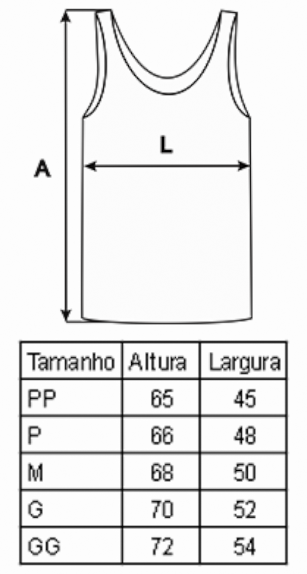 Guia de tamanhos da regata CSV Workout, medindo altura e langura da peça.